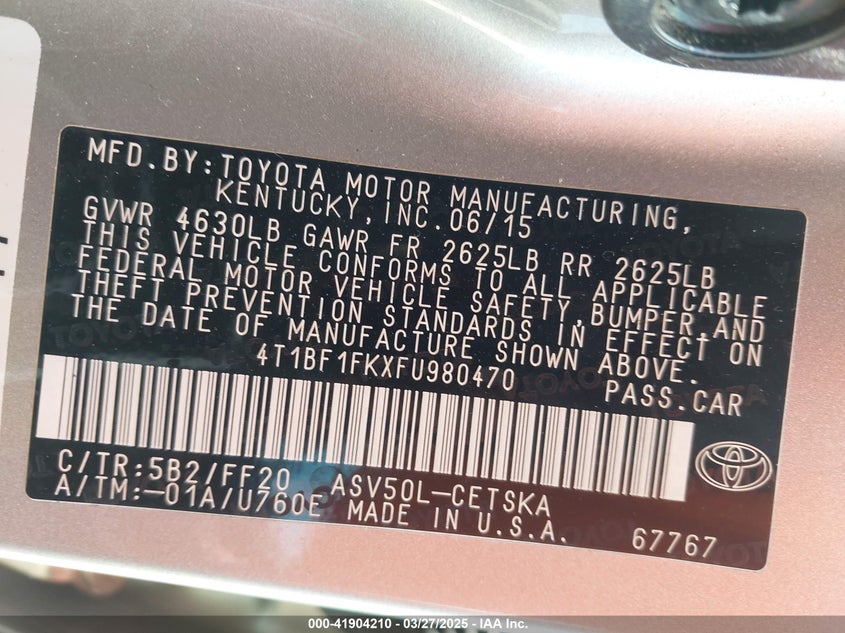2015 TOYOTA CAMRY VIN: 4T1BF1FKXFU980470