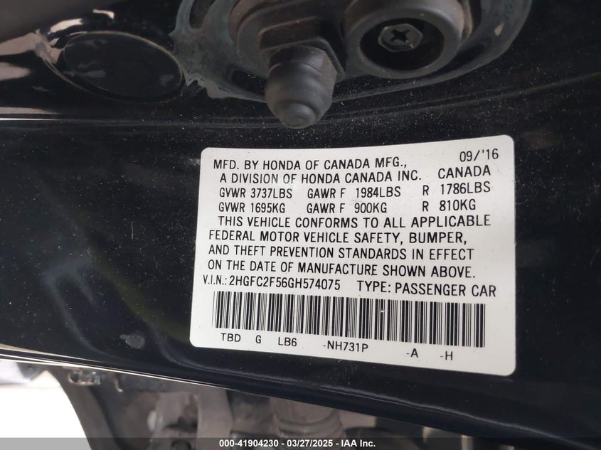 2016 HONDA CIVIC VIN: 2HGFC2F56GH574075