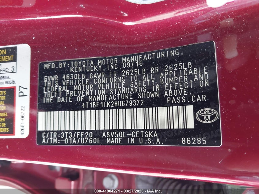 2017 TOYOTA CAMRY VIN: 4T1BF1FK2HU679372