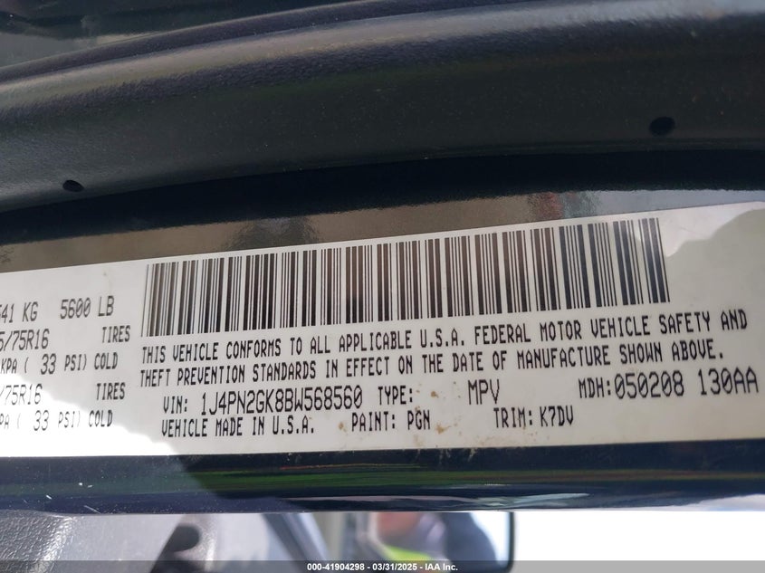 2011 JEEP LIBERTY VIN: 1J4PN2GK8BW568560