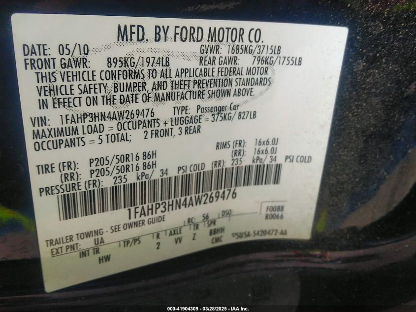 2010 Ford Focus Sel VIN: 1FAHP3HN4AW269476 Lot: 41904309