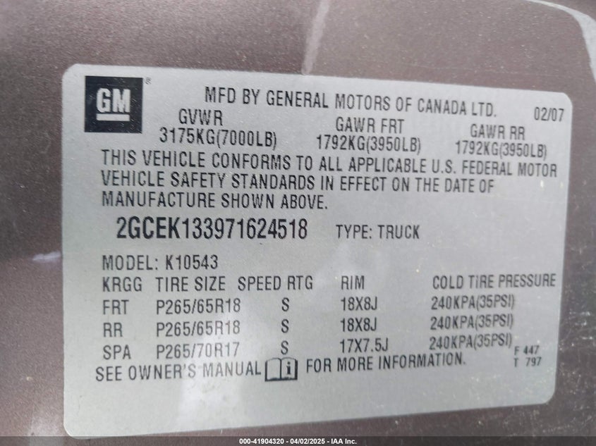 2007 CHEVROLET SILVERADO VIN: 2GCEK133971624518
