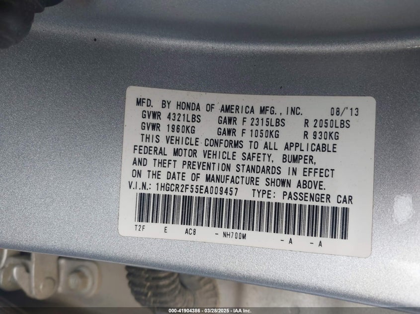 2014 HONDA ACCORD VIN: 1HGCR2F55EA009457