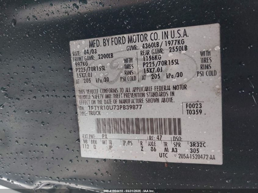 2003 Ford Ranger Edge/Xl/Xlt VIN: 1FTYR10U73PB39877 Lot: 41904410