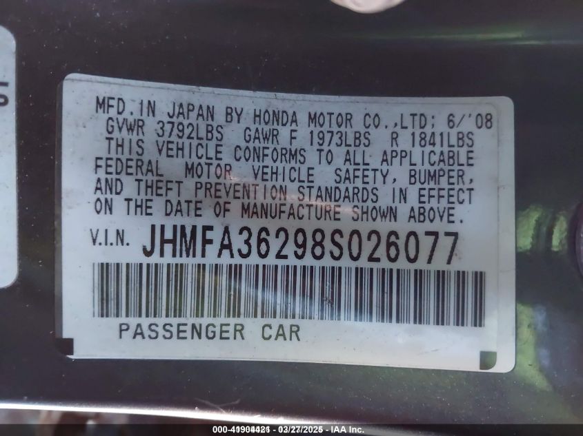 2008 Honda Civic Hybrid VIN: JHMFA36298S026077 Lot: 41904421