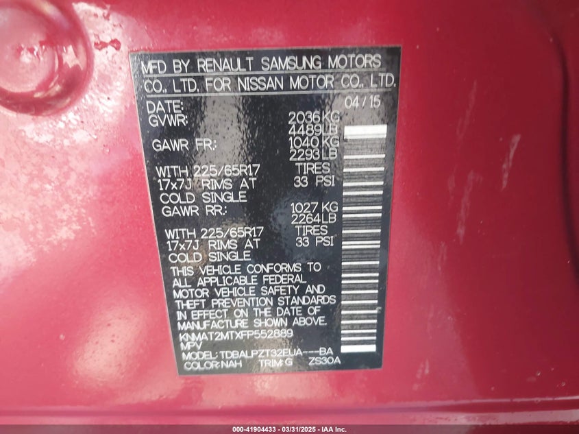 2015 NISSAN ROGUE S/SL/SV - KNMAT2MTXFP552889