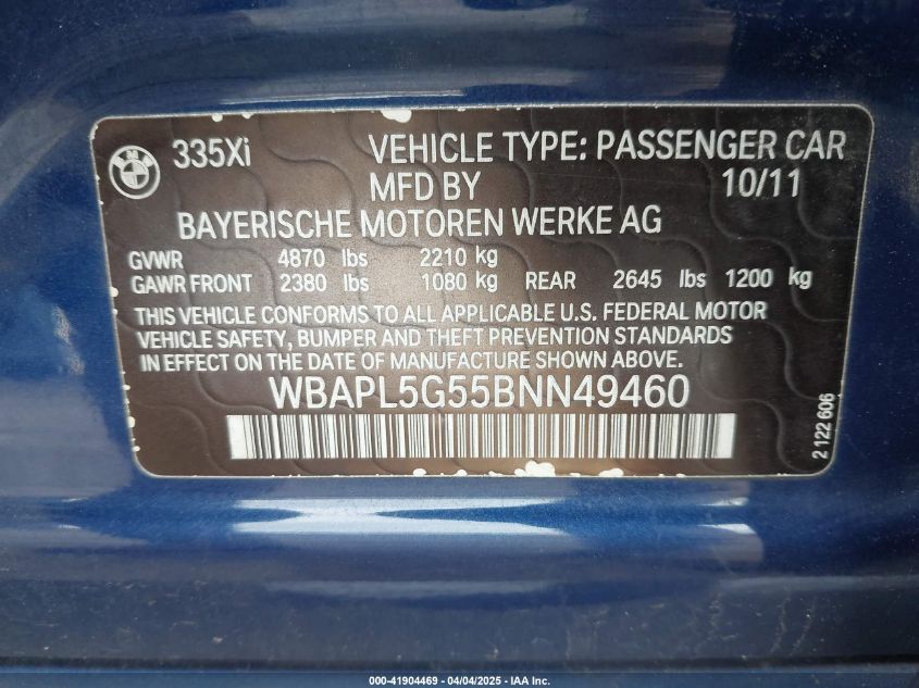 2011 BMW 335I xDrive VIN: WBAPL5G55BNN49460 Lot: 41904469
