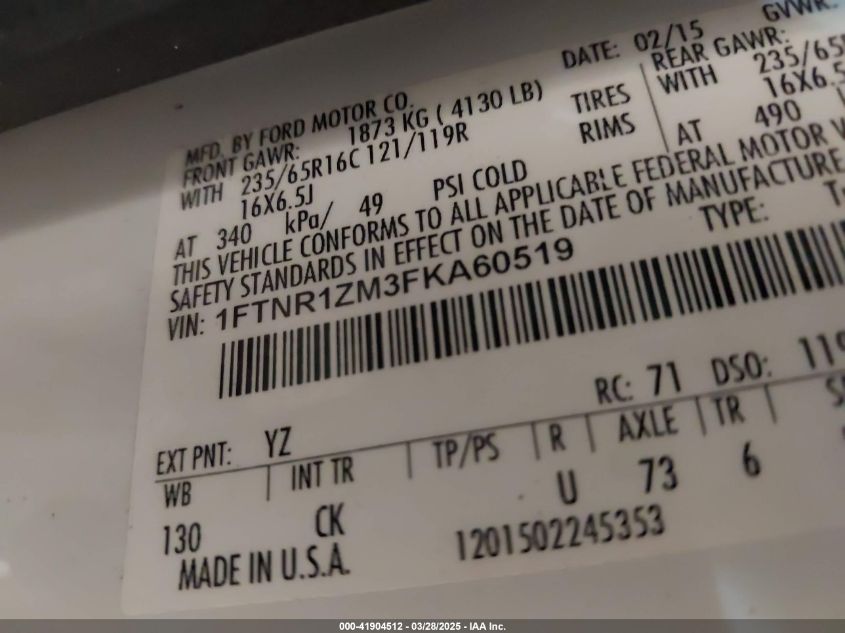 2015 Ford Transit-250 VIN: 1FTNR1ZM3FKA60519 Lot: 41904512