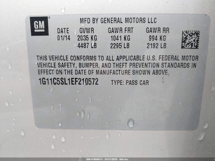 2014 CHEVROLET MALIBU VIN: 1G11C5SL1EF210572