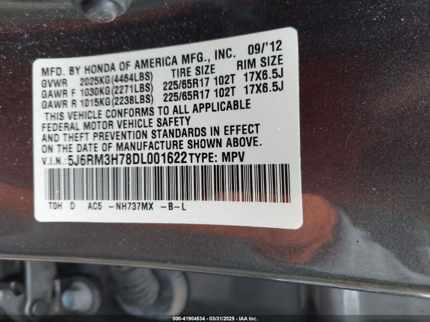 2013 Honda Cr-V Ex-L VIN: 5J6RM3H78DL001622 Lot: 41904534