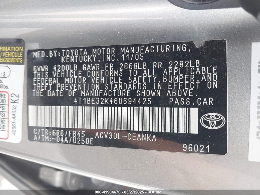 2006 TOYOTA CAMRY VIN: 4T1BE32K46U694425