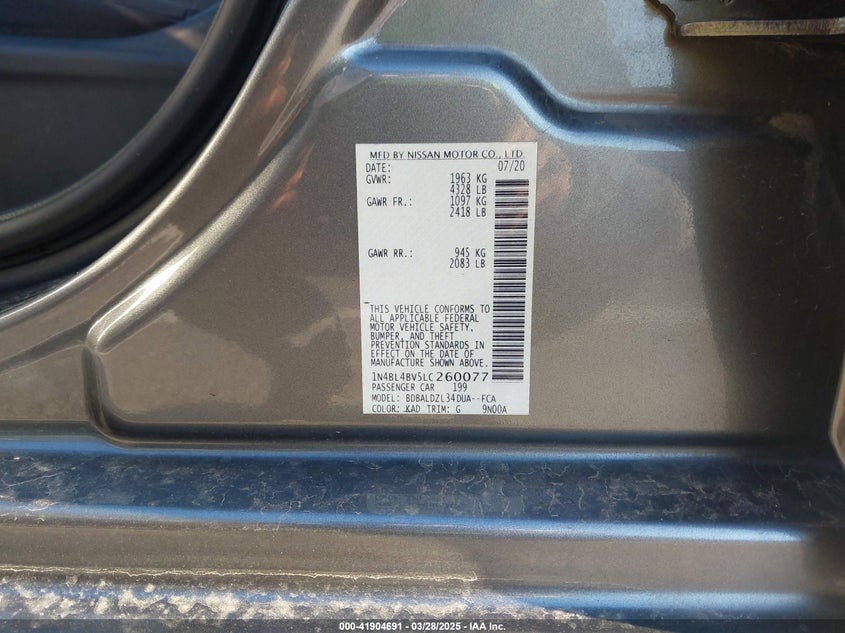 VIN 1N4BL4BV5LC260077 2020 NISSAN ALTIMA S FWD