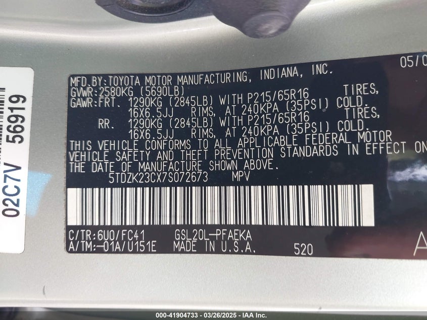 2007 TOYOTA SIENNA VIN: 5TDZK23CX7S072673