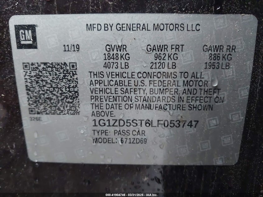 2020 CHEVROLET MALIBU VIN: 1G1ZD5ST6LF053747