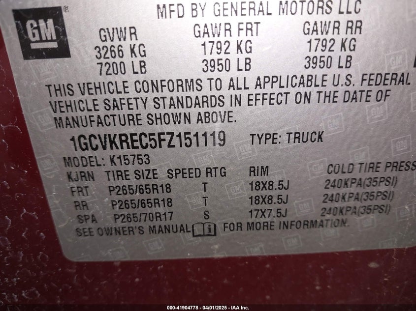2015 CHEVROLET SILVERADO VIN: 1GCVKREC5FZ151119