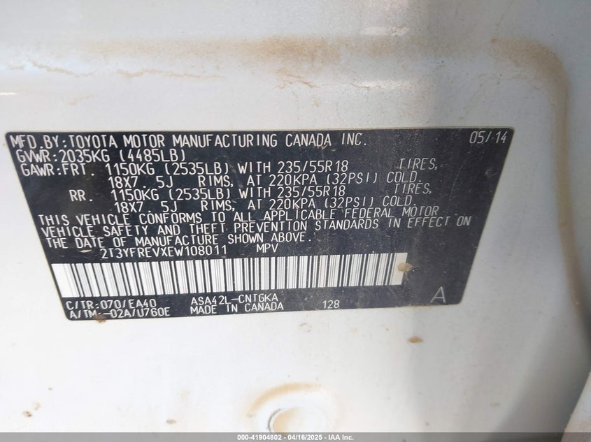 2014 TOYOTA RAV4 LIMITED - 2T3YFREVXEW108011