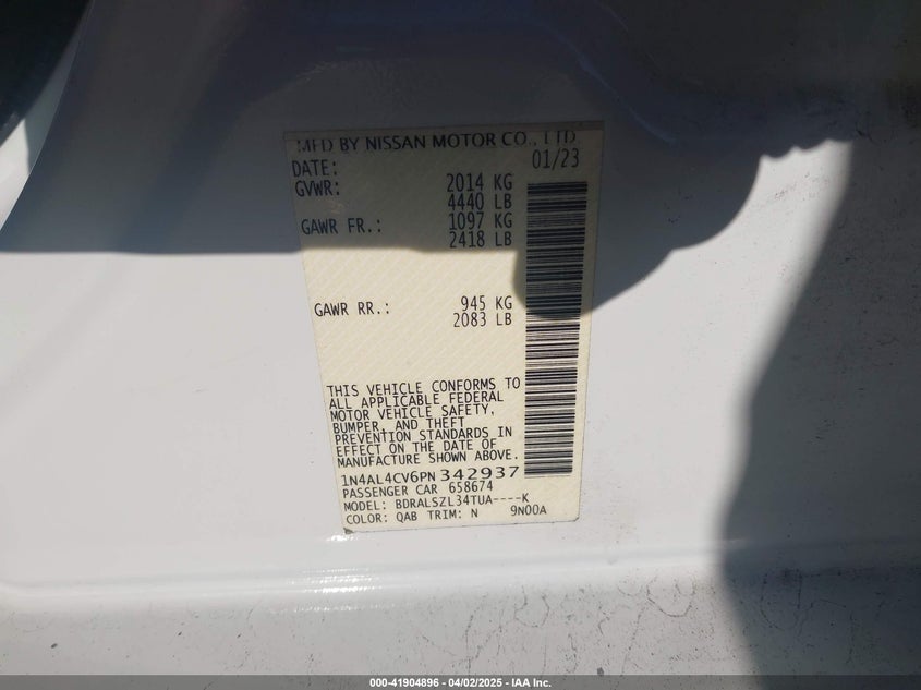 2023 NISSAN ALTIMA VIN: 1N4AL4CV6PN342937
