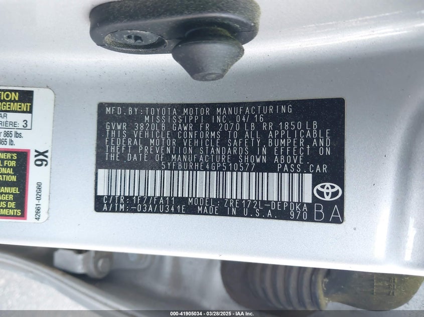 2016 TOYOTA COROLLA VIN: 5YFBURHE4GP510577