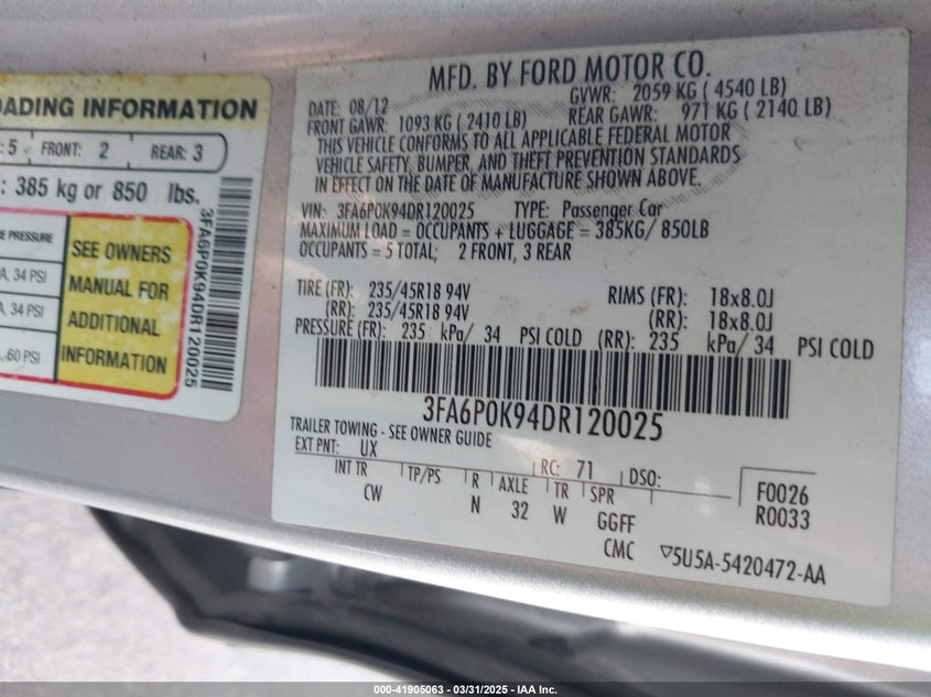 2013 FORD FUSION VIN: 3FA6P0K94DR120025