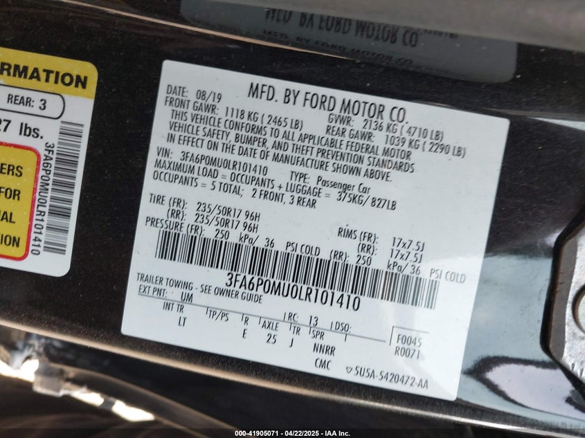 2020 FORD FUSION VIN: 3FA6P0MU0LR101410