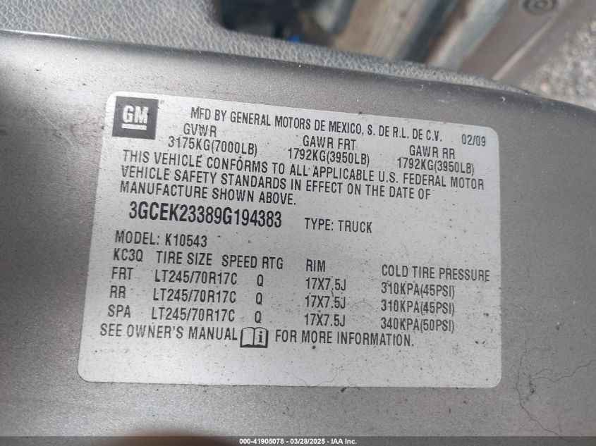 2009 Chevrolet Silverado 1500 Lt VIN: 3GCEK23389G194383 Lot: 41905078
