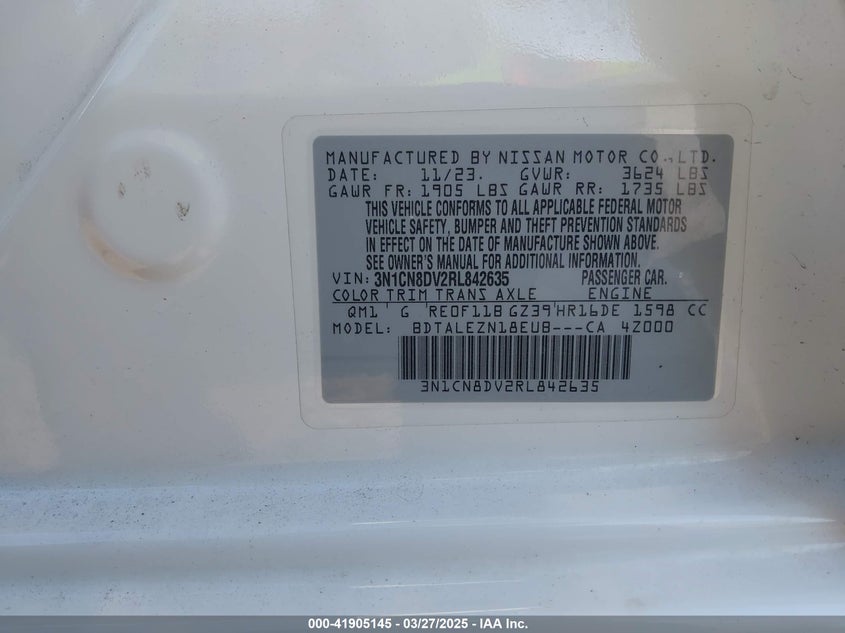 2024 NISSAN VERSA 1.6 S - 3N1CN8DV2RL842635