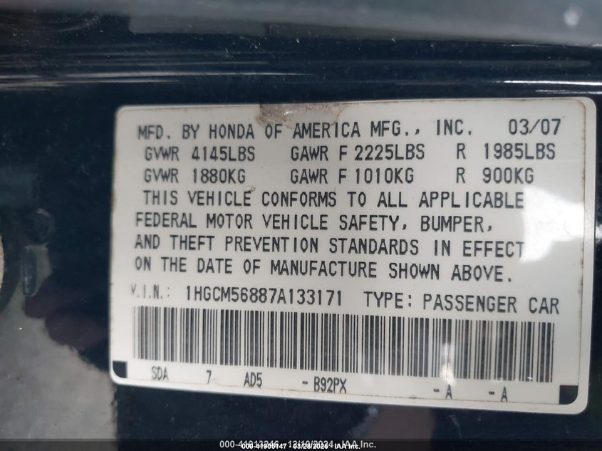 1HGCM56887A133171 2007 HONDA ACCORD photo no. 9
