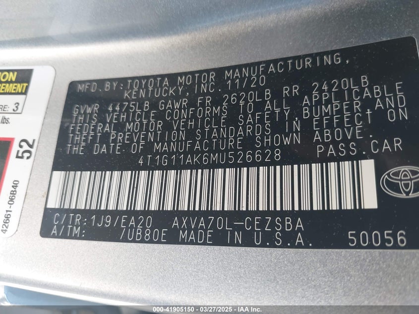 2021 TOYOTA CAMRY VIN: 4T1G11AK6MU526628