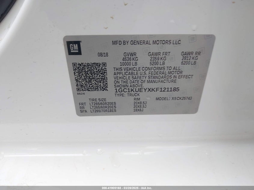2019 CHEVROLET SILVERADO 2500HD VIN: 1GC1KUEYXKF121185