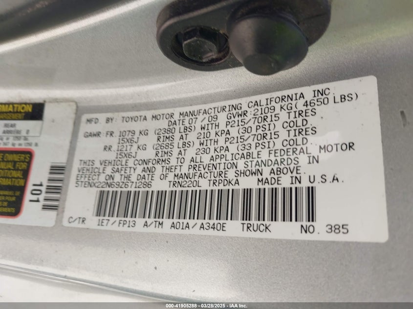 2009 TOYOTA TACOMA VIN: 5TENX22N69Z671286