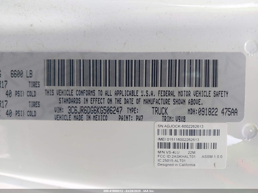 2019 RAM 1500 CLASSIC VIN: 3C6JR6DG6KG506247