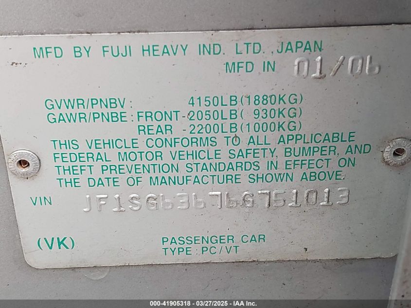 2006 Subaru Forester 2.5X VIN: JF1SG63676G751013 Lot: 41905318