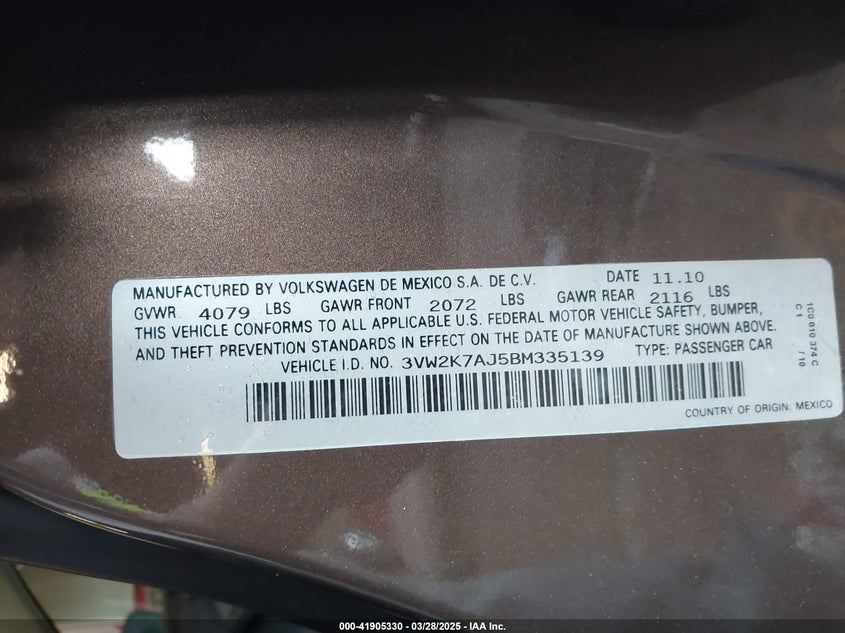 2011 Volkswagen Jetta 2.0L S VIN: 3VW2K7AJ5BM335139 Lot: 41905330