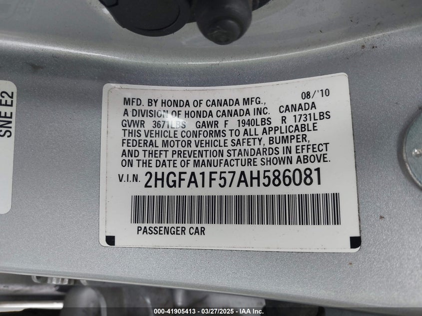 2010 HONDA CIVIC VIN: 2HGFA1F57AH586081