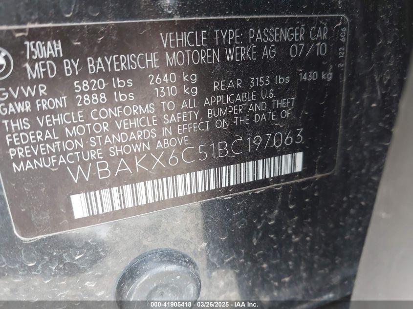 2011 BMW Activehybrid 750 VIN: WBAKX6C51BC197063 Lot: 41905418