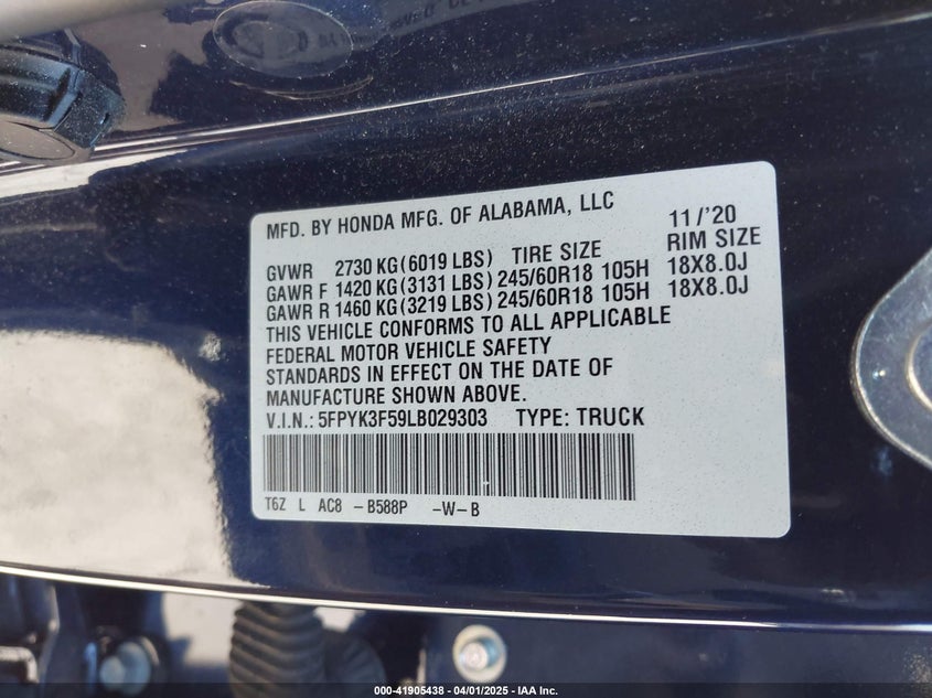 2020 HONDA RIDGELINE VIN: 5FPYK3F59LB029303