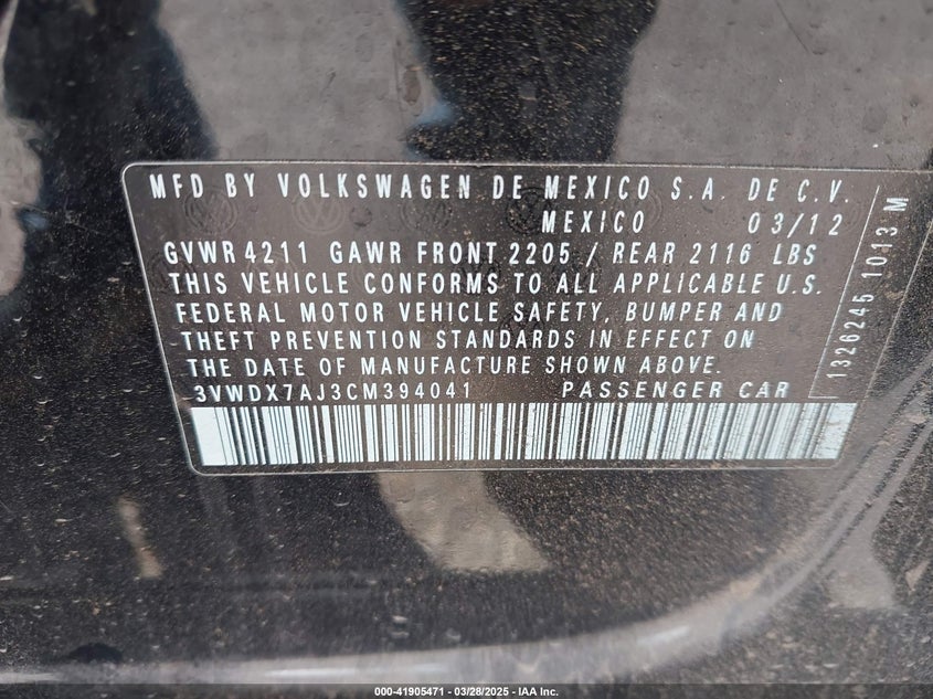 2012 VOLKSWAGEN JETTA VIN: 3VWDX7AJ3CM394041