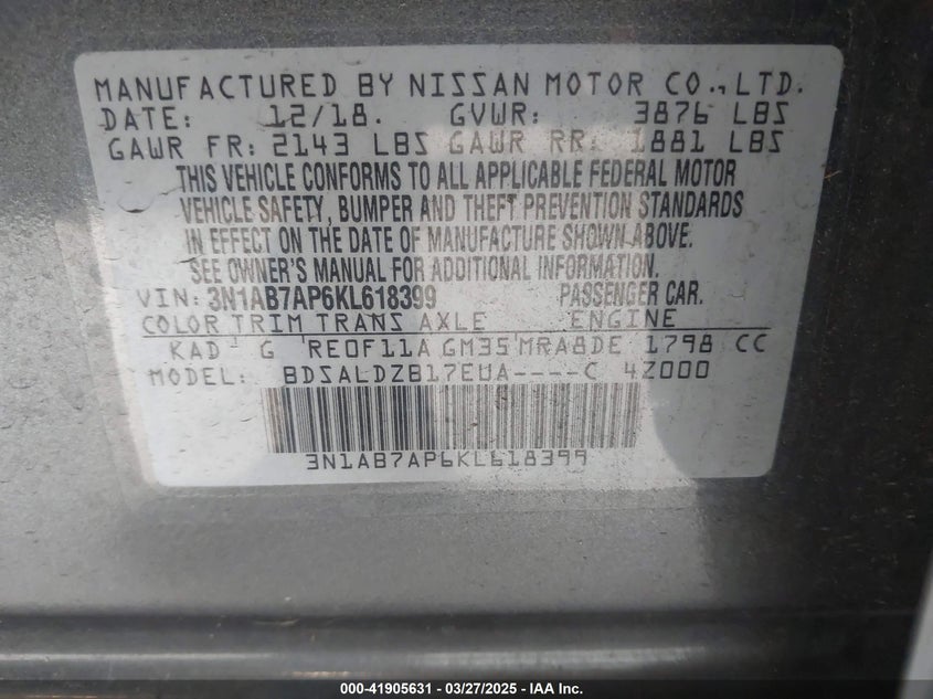 2019 NISSAN SENTRA VIN: 3N1AB7AP6KL618399