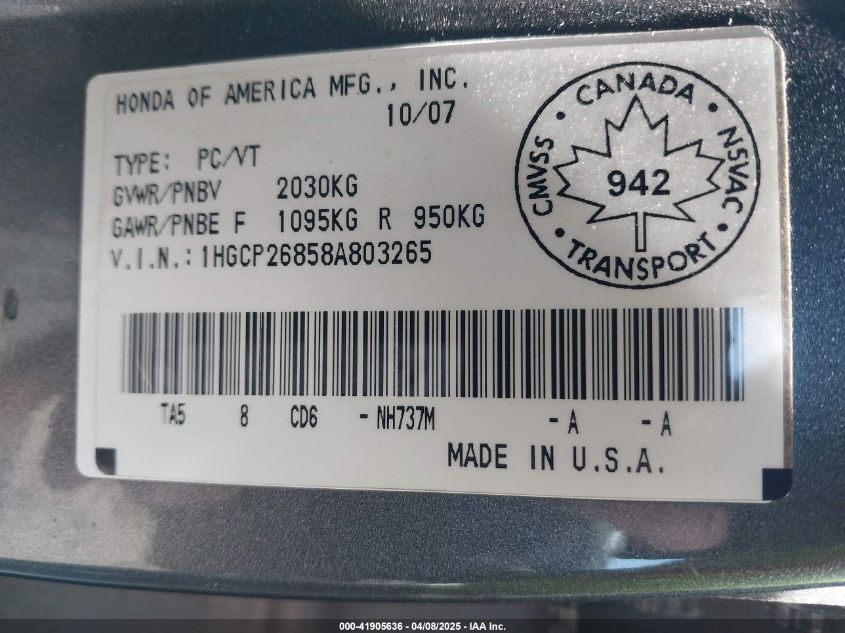 2008 Honda Accord 2.4 Ex-L VIN: 1HGCP26858A803265 Lot: 41905636