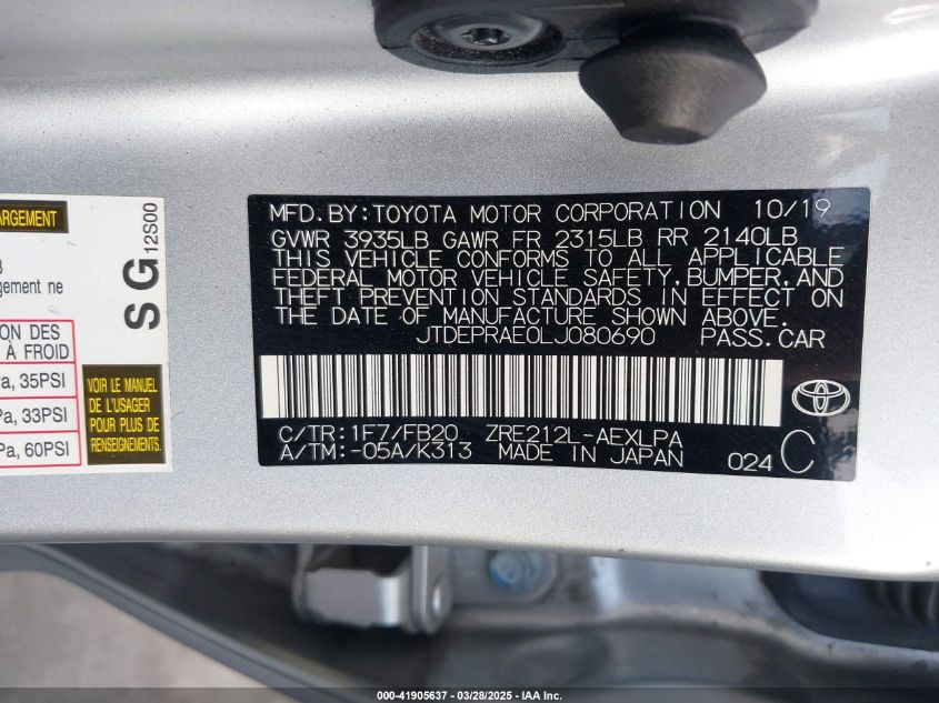 2020 Toyota Corolla Le VIN: JTDEPRAE0LJ080690 Lot: 41905637