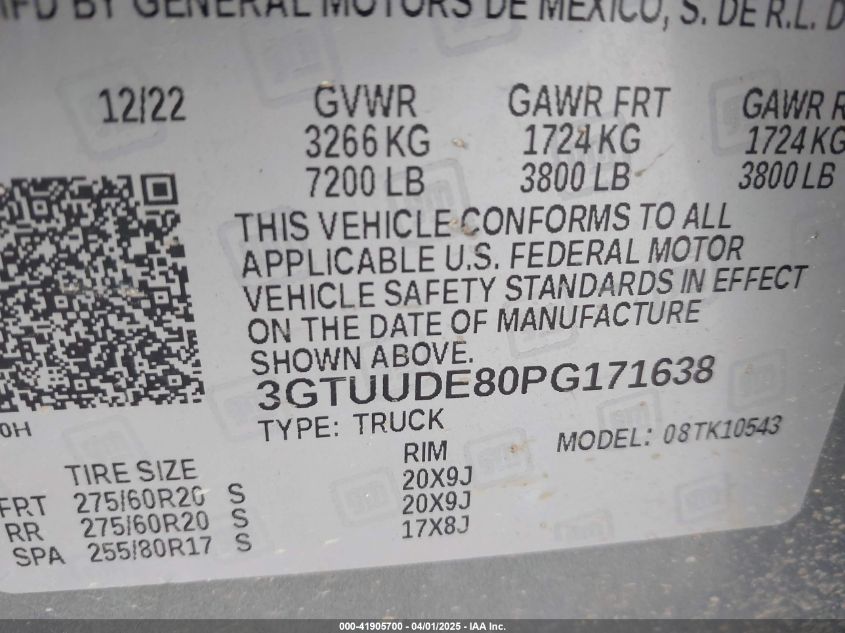 2023 GMC Sierra 1500 4Wd Short Box Slt VIN: 3GTUUDE80PG171638 Lot: 41905700