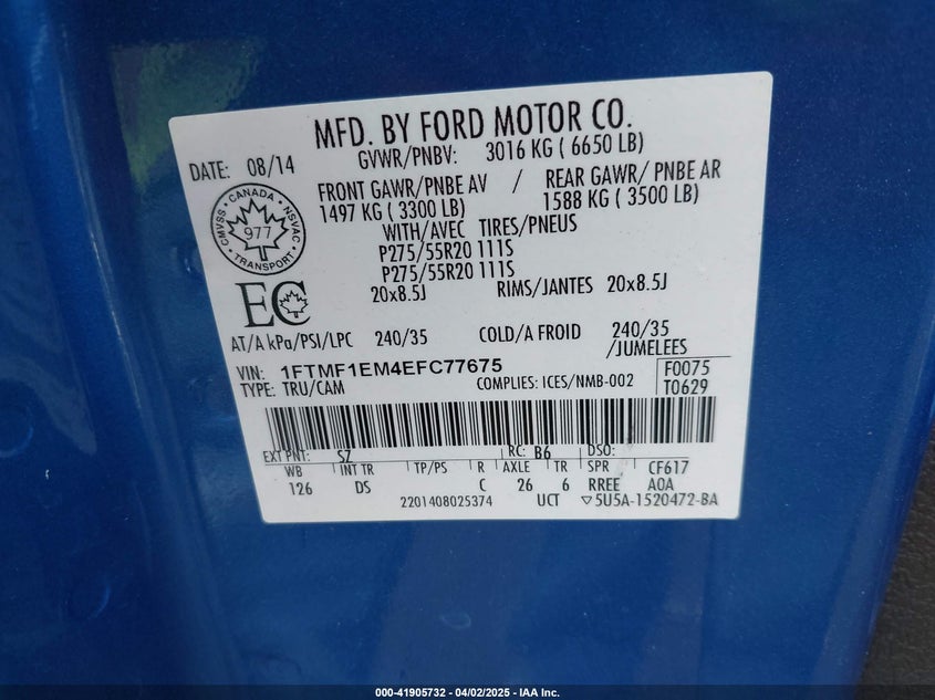 2014 FORD F-150 VIN: 1FTMF1EM4EFC77675