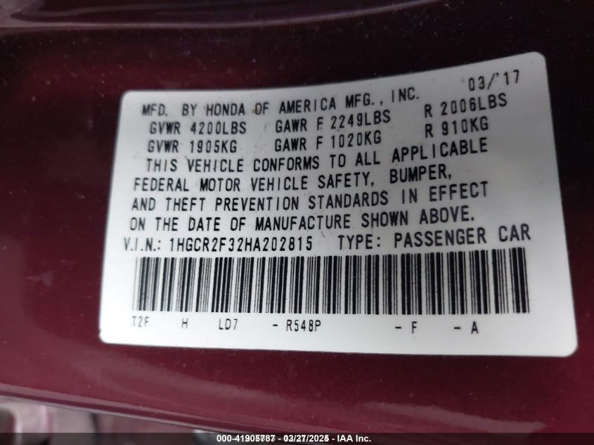 2017 Honda Accord Lx VIN: 1HGCR2F32HA202815 Lot: 41905787