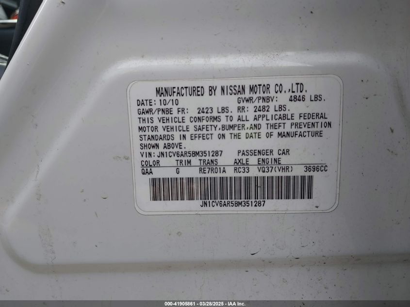 2011 Infiniti G37X VIN: JN1CV6AR5BM351287 Lot: 41905861