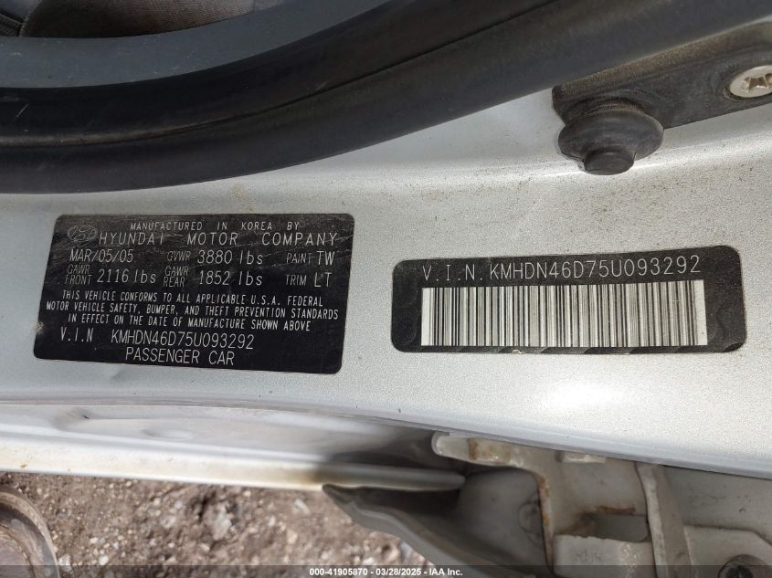 2005 Hyundai Elantra Gls/Gt VIN: KMHDN46D75U093292 Lot: 41905870