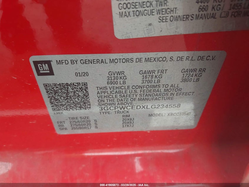 2020 CHEVROLET SILVERADO 1500 VIN: 3GCPWCEDXLG234558