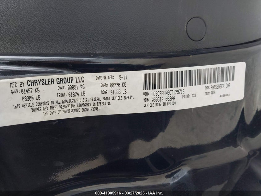 2012 FIAT 500 VIN: 3C3CFFBR6CT179716