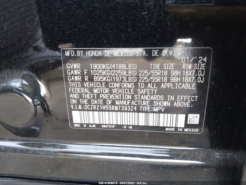 2024 HONDA HR-V 2WD SPORT/2WD SPORT W/O BSI - 3CZRZ1H55RM739324