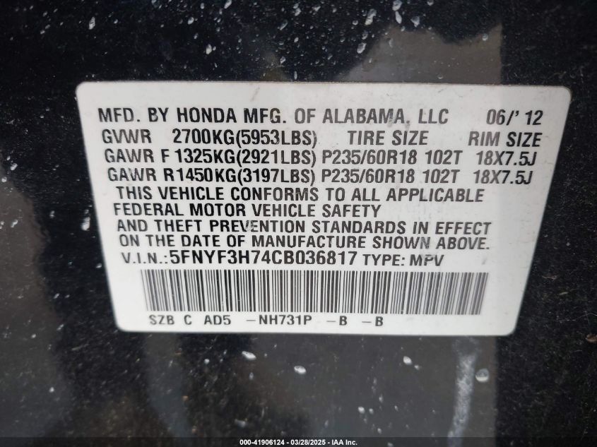 2012 Honda Pilot Ex-L VIN: 5FNYF3H74CB036817 Lot: 41906124