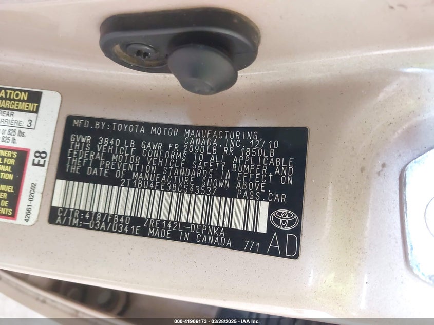 2011 TOYOTA COROLLA VIN: 2T1BU4EE3BC543537